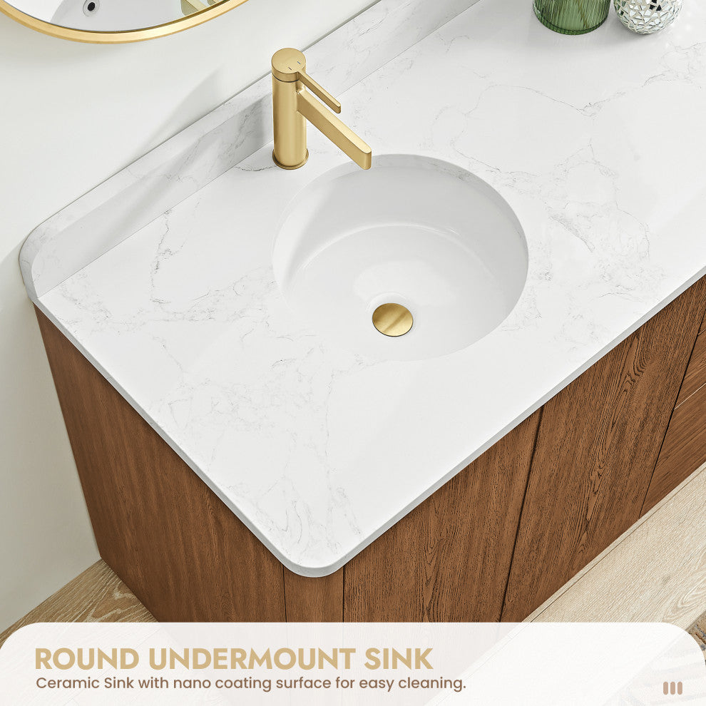 Abuja Bathroom Vanity, Stone Top, No Mirror, Oak Weathered Brown, 72", Double Vanity