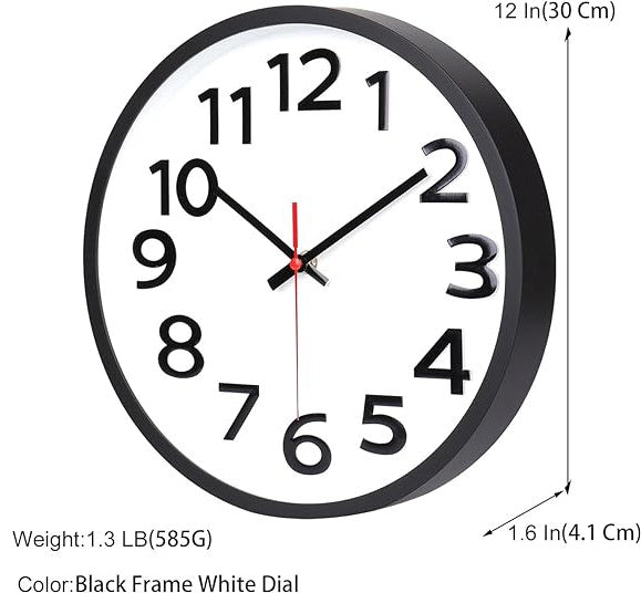 Wall Clock 12" Silent Non-Ticking Big Numbers Easy to Read Wall Clocks