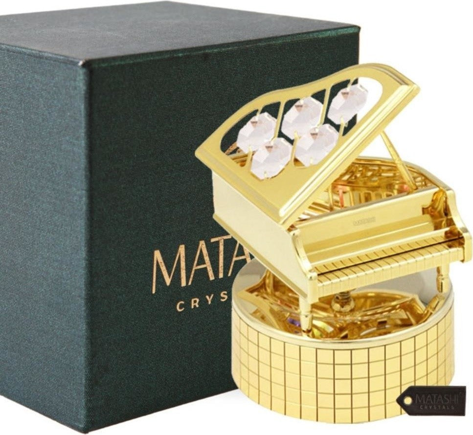 24K Gold Plated Wind Up Music Box With Crystal Studded Grand Piano Figurine