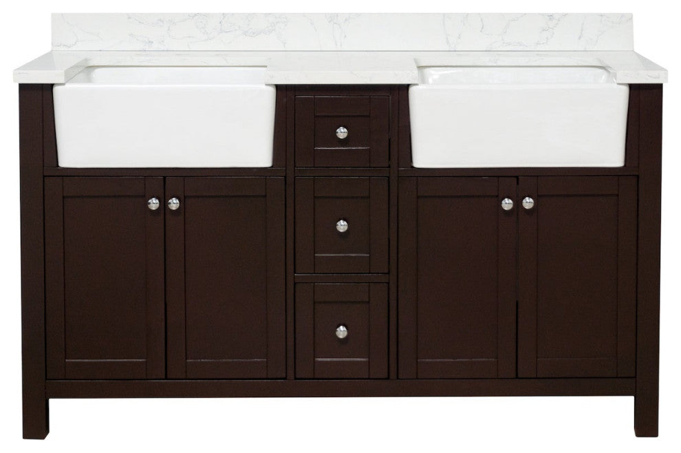 Yorkshire 60" Bathroom Vanity, Chocolate, Engineered Marble, Double