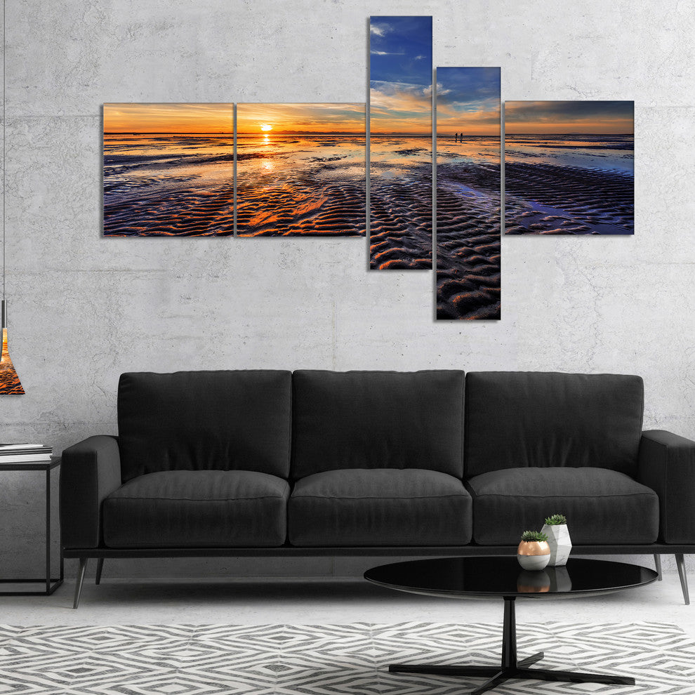 Waves On the Sand During Sunset, Seashore Canvas Art Print, 60"x32", 5 panels