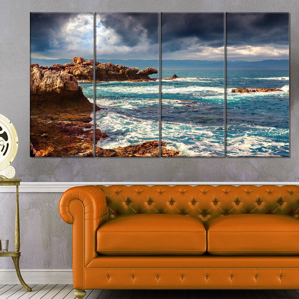 Volcanic Beach Stormy Weather, Seashore Canvas Print, 48"x28", 4 Panels
