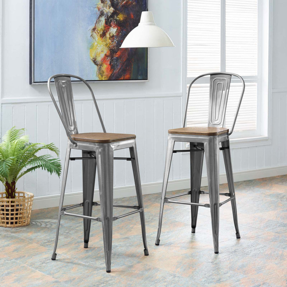 Bar Stool Chair Barstool, Set of 2, Wood, Gunmetal Silver, Bar Pub Cafe Bistro