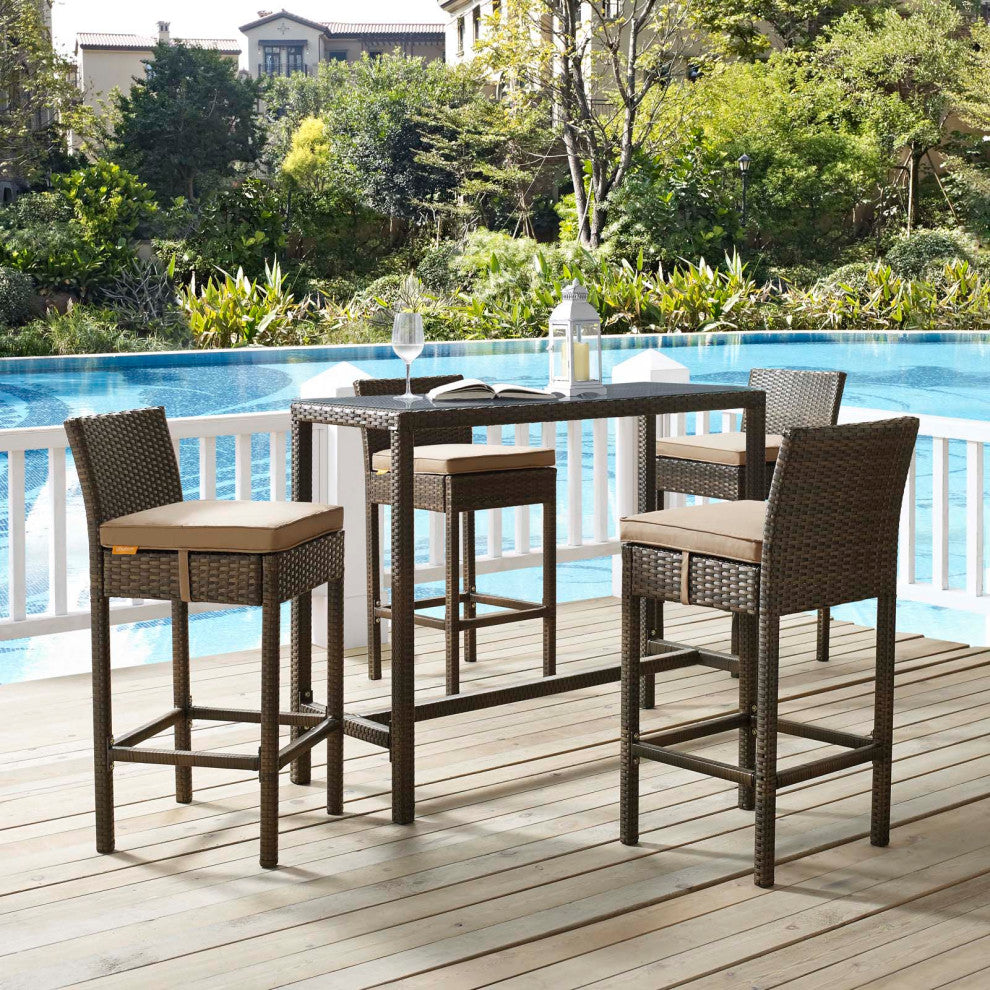 Contemporary Outdoor Patio Bar Stool Chair, Set of Four, Fabric Rattan, Brown