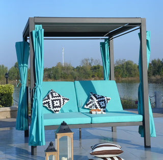 Outdoor Dual Chaise Lounger Cushioned Sunbed With Adjustable Curtains & Canopy, Cyan