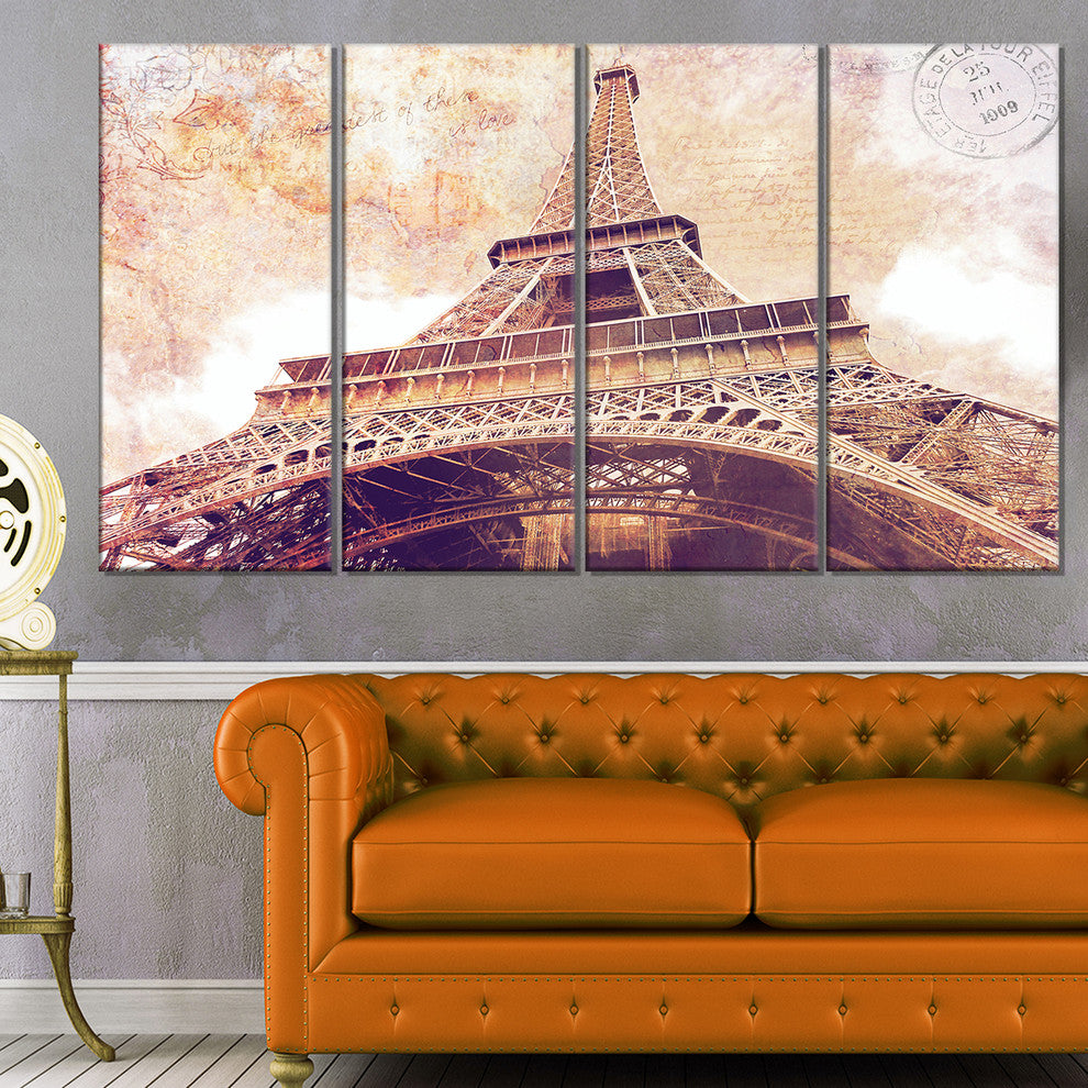 "Paris Eiffel Tower Paris Postcard Design" Cityscape Wall Art, 48"x28", 4-Panels