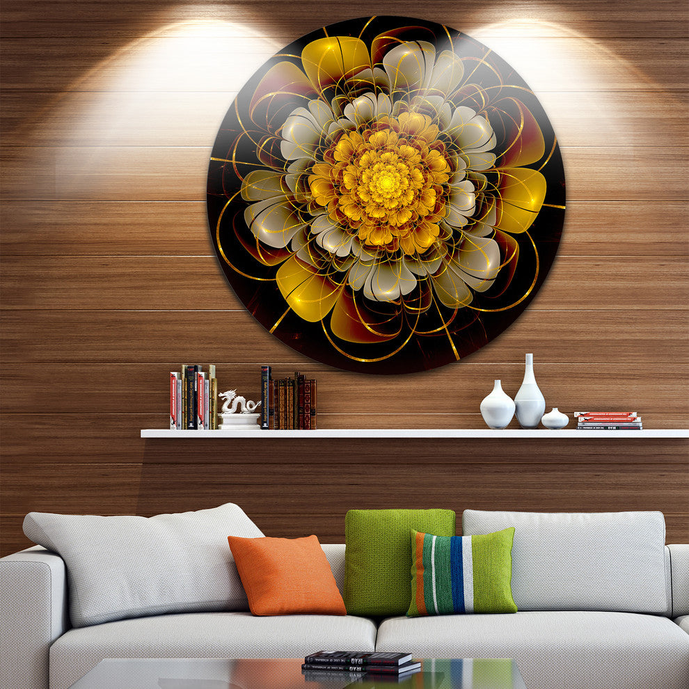 Dark Gold Fractal Flower, Digital Art Disc Metal Artwork, 36"