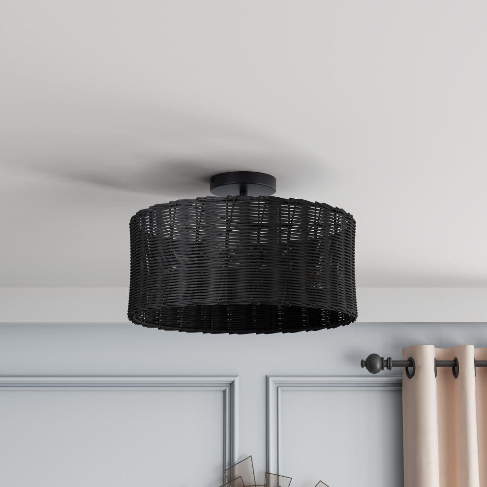 Farmhouse Woven Rattan 3-Light Drum Semi Flush Mount Ceiling Light