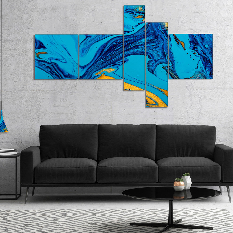 Soft Blue Abstract Acrylic Paint Mix, Abstract Art on Canvas, 60"x32", 5 panels