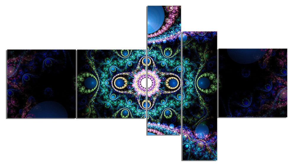 Cabalistic Blue Fractal Pattern, Abstract Canvas Art Print, 60"x32", 5 panels