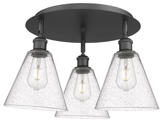 Berkshire-3 Light 20" Flush Mount-Matte Black, Seedy Glass Shade