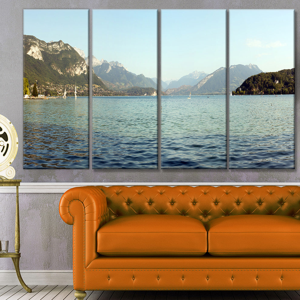 Annecy Lake France Panorama, Landscape Canvas Art Print, 48"x28", 4 Panels