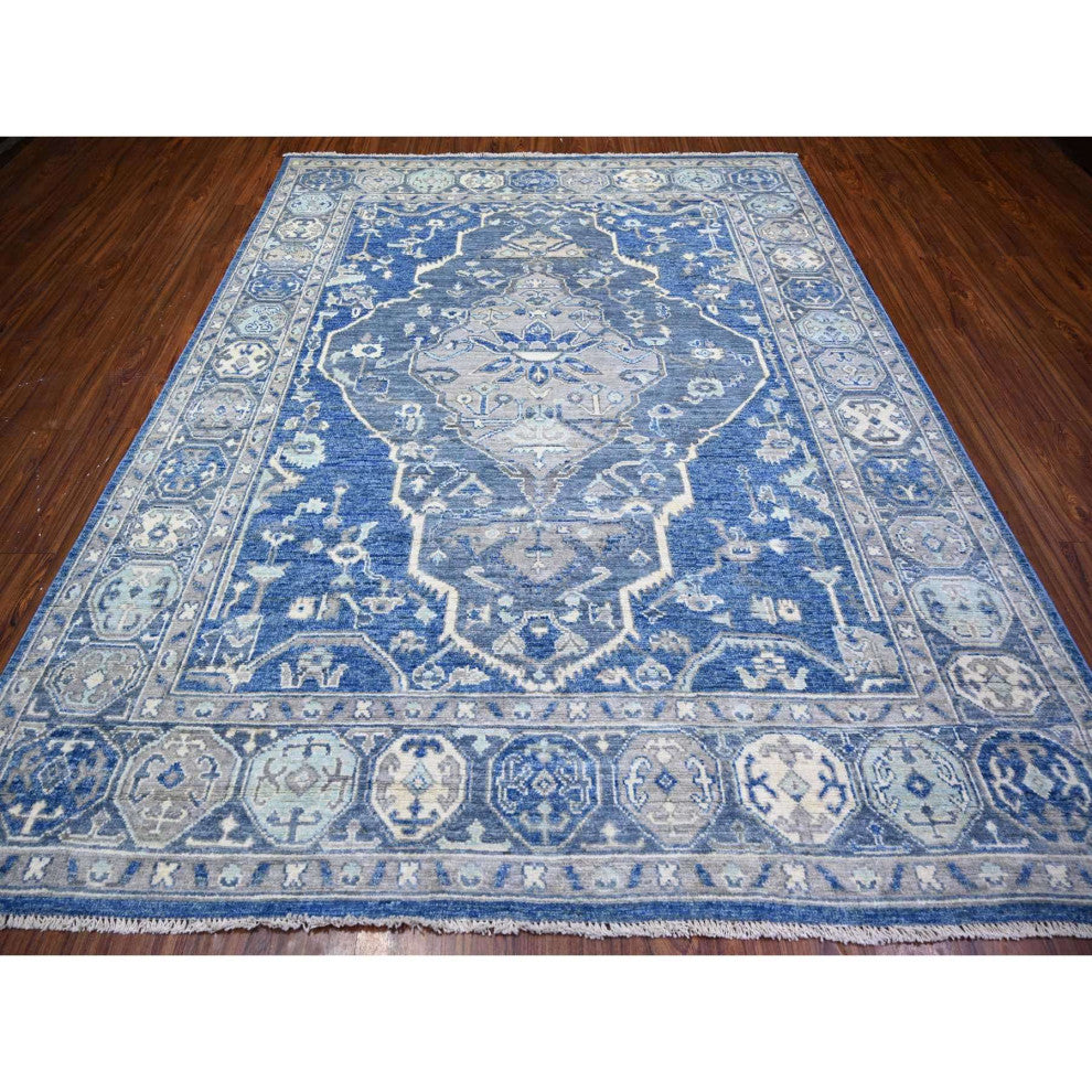 Steel Blue, Anatolian Village Inspired Soft Wool Hand Knotted Rug, 8'x10'1"