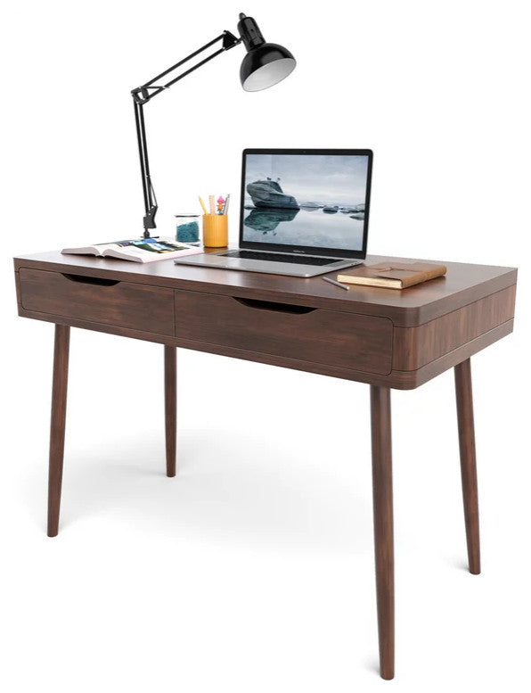 Mid Century Desk, Angled Legs & 2 Storage Drawers With Cut Out Pulls, Walnut