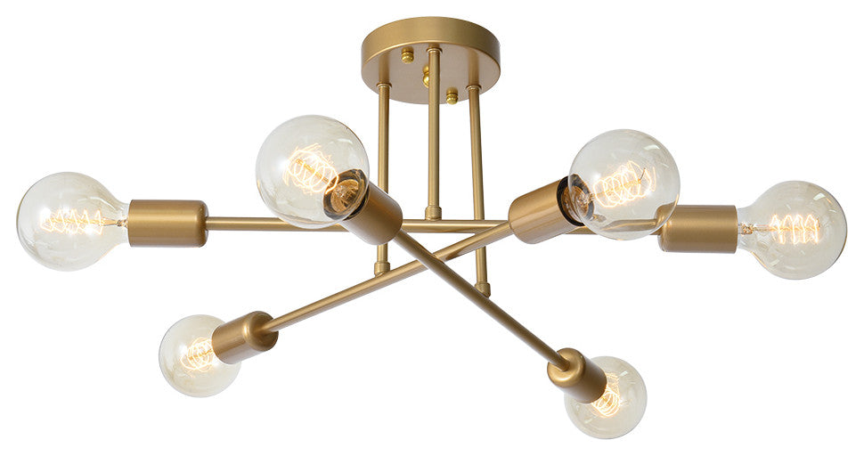 Modern Mid-century 6 Light Sputnik Linear Semi Flush Mount, Brass