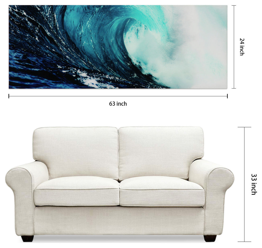 Blue Wave Wall Art Frameless Tempered Glass Contemporary Artwork 24" x 63"