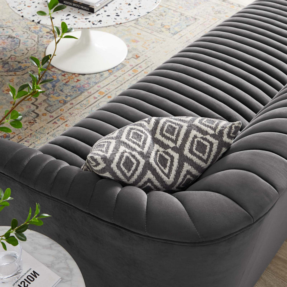 Tufted Sofa, Charcoal Gray, Velvet, Modern, Mid Century Hotel Lounge Cafe