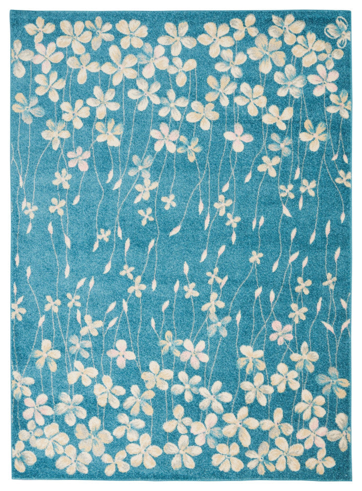 Bohemian Area Rug, Polypropylene With Floral Pattern, Turquoise, 8'10" X 11'10"