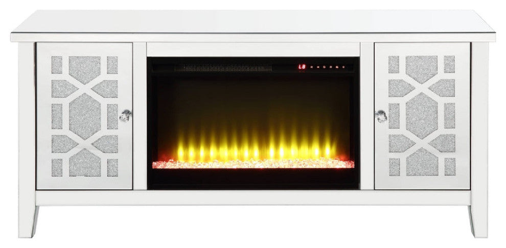 Benzara BM273255 Mirrored TV Stand, Timer Fireplace, Acrylic Diamond, Silver