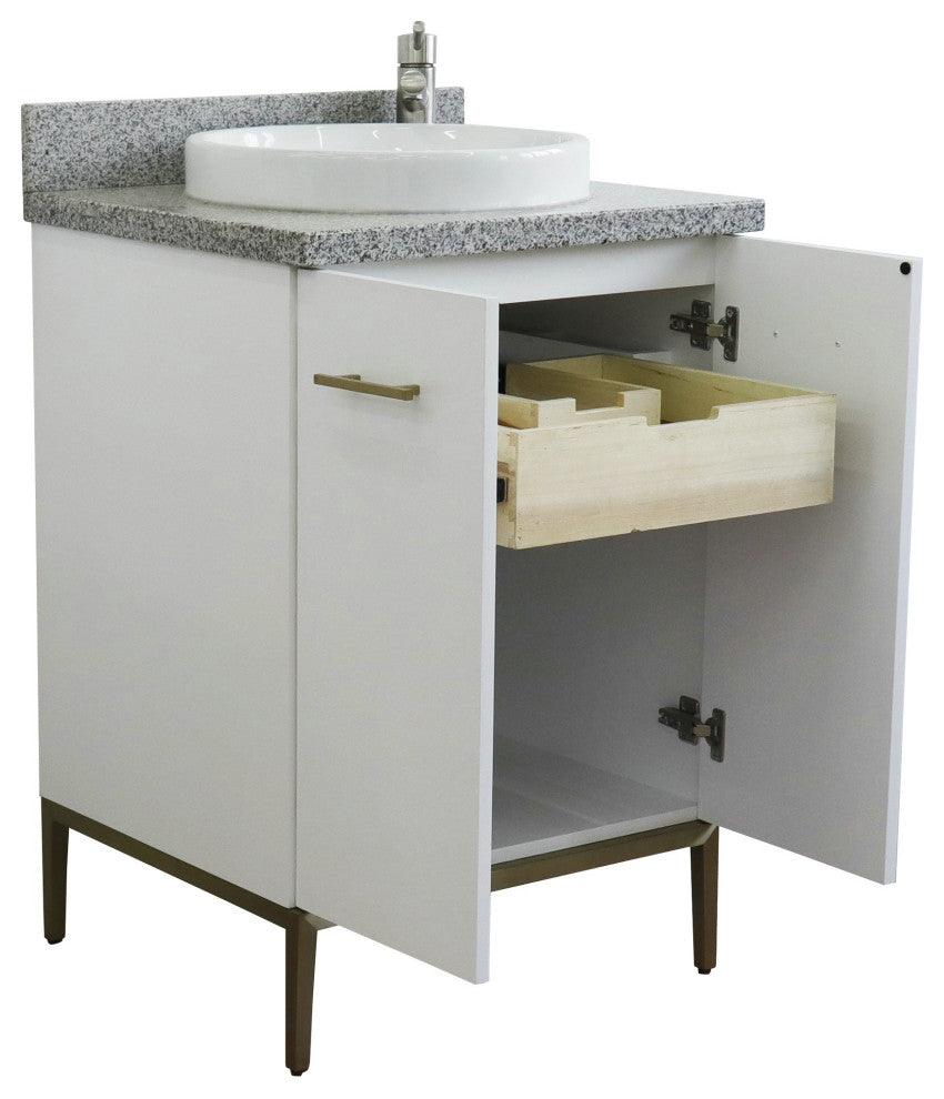 25" Single Sink Vanity, White Finish With Gray Granite And Round Sink