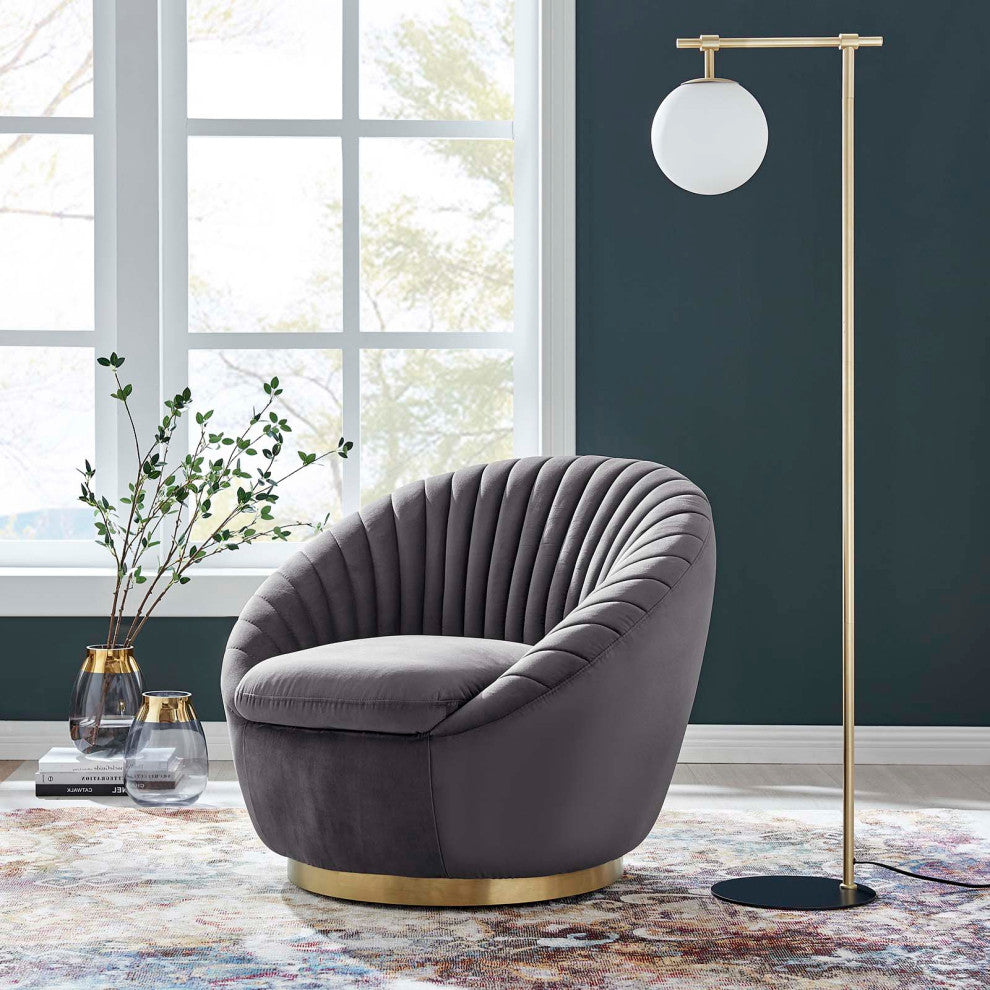 ArmTufted Chair Swivel Accent Tufted Chair, Gold Gray, Velvet, Modern