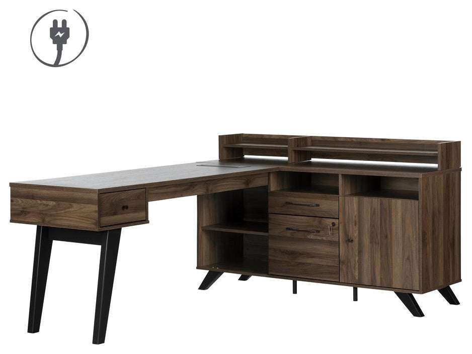 Helsy L-Shaped Desk with Power Bar, Natural Walnut