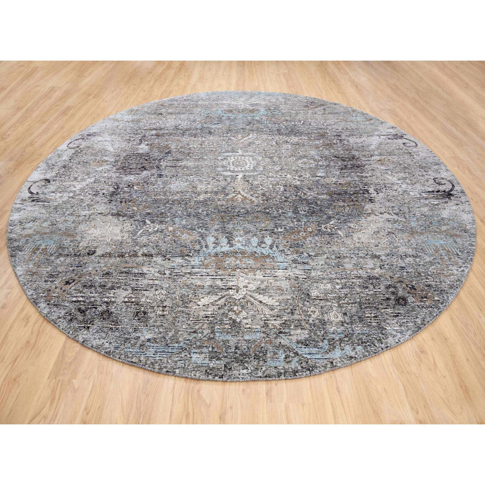 Gray, Silk with Textured Wool, Hand Knotted, Modern, Round, Rug, 11'10" x 11'10"