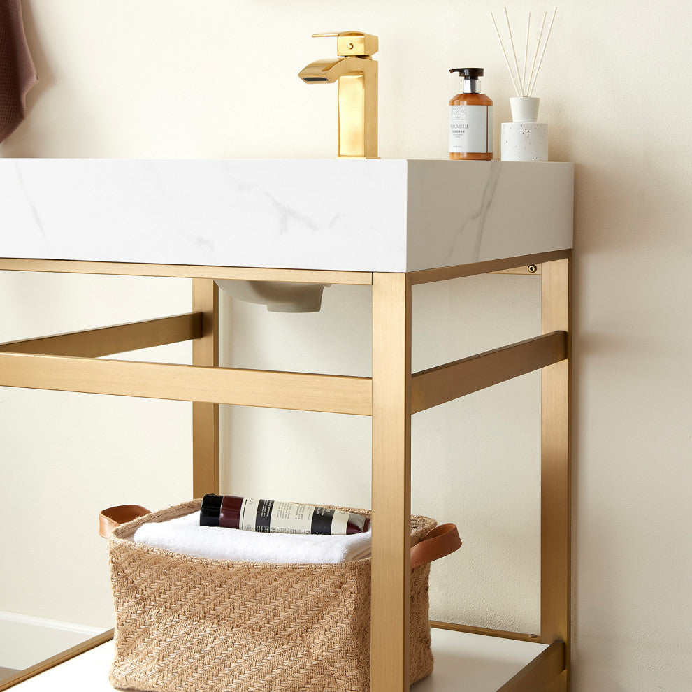Funes Bath Vanity with Mirror, Brushed Gold Support, 24'', White Stone Top