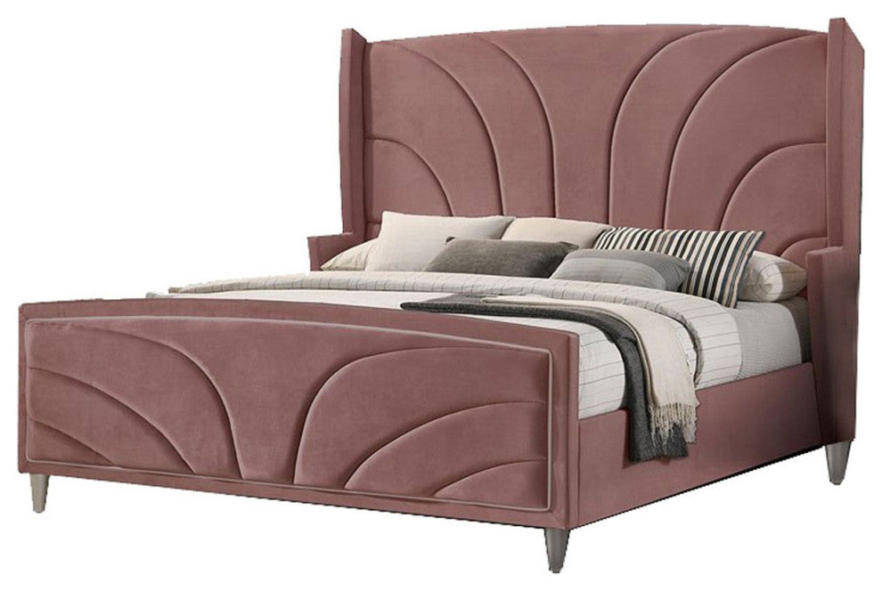 Benzara BM284025 Wood King Size Bed, Wingback Frame, Pink Velvet, Chrome Legs