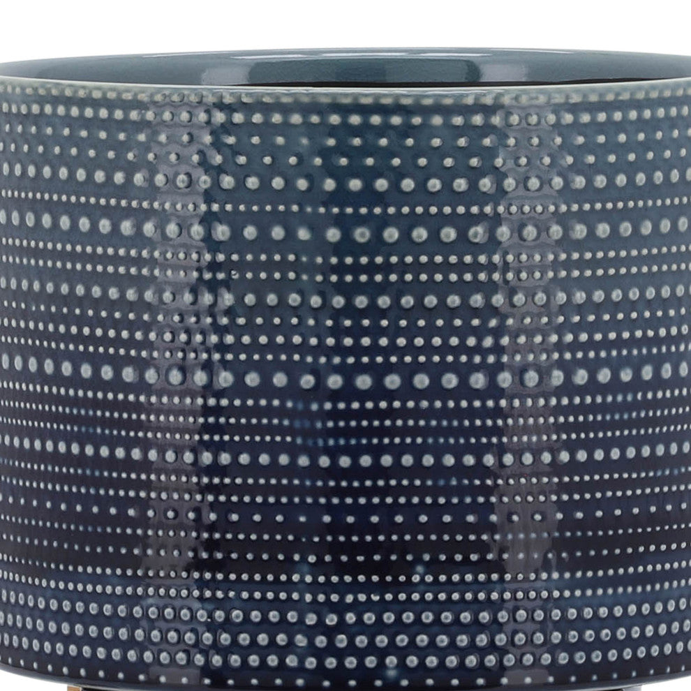 8" Dotted Planter With Wood Stand, Blue