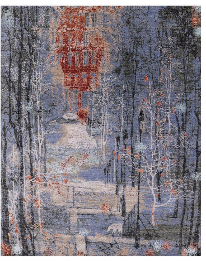 8' 0" X 9' 11" Modern Urban Design Wool and Silk Hand Knotted Rug Q7181