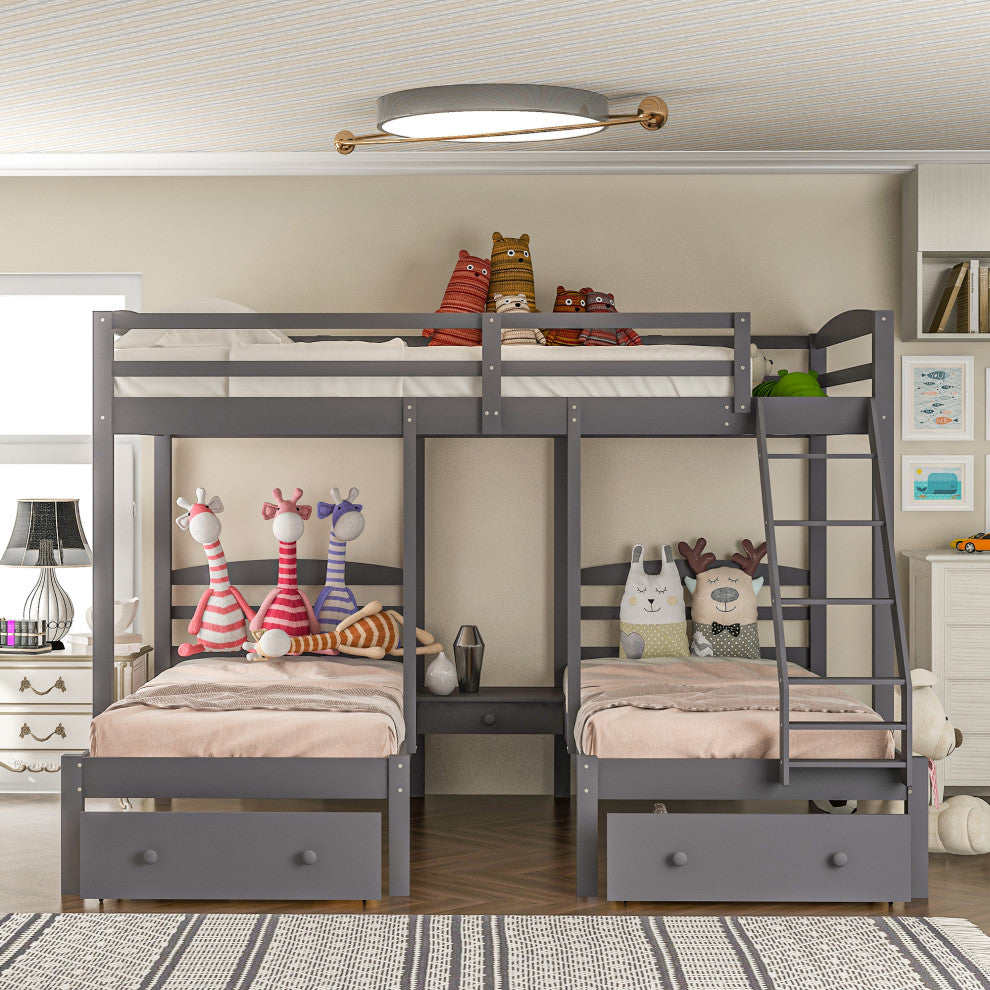 Gewnee Wood Full Over Twin & Twin Triple Bunk Bed with Drawers in Gray