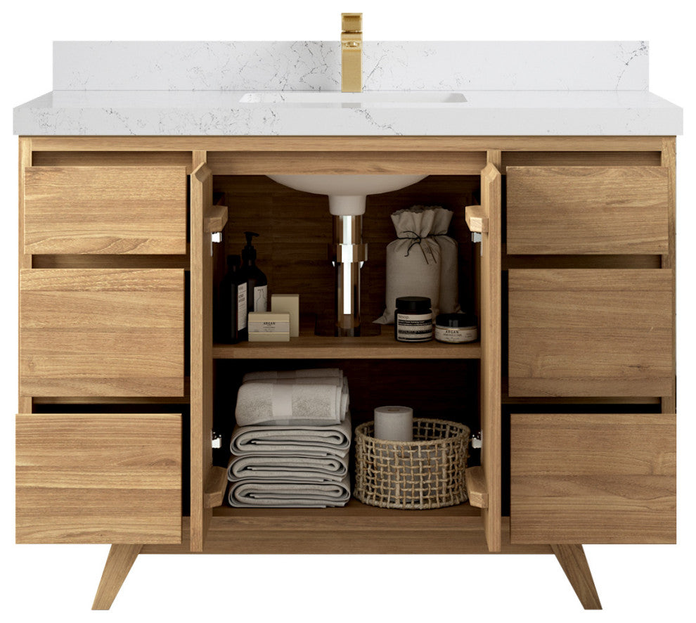 Madison Teak 48 Single Sink Bath Vanity in Light Natural 2" Empira Quartz