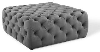 Amour Tufted Button Large Square Performance Velvet Ottoman-Gray
