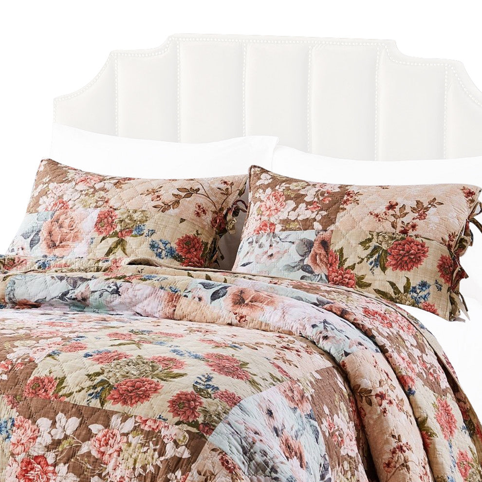 Benzara BM231031 3 Piece Microfiber Reversible Floral Print Queen Quilt Set