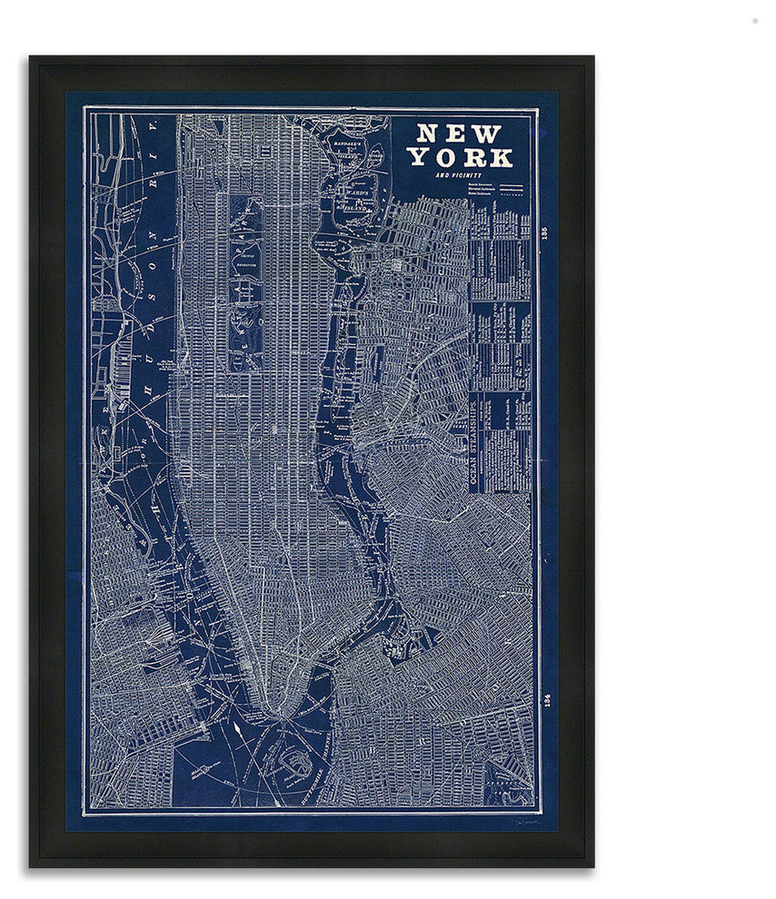 "Blueprint Map New York" By Sue Schlabach, Framed Painting Print, Ready To Hang