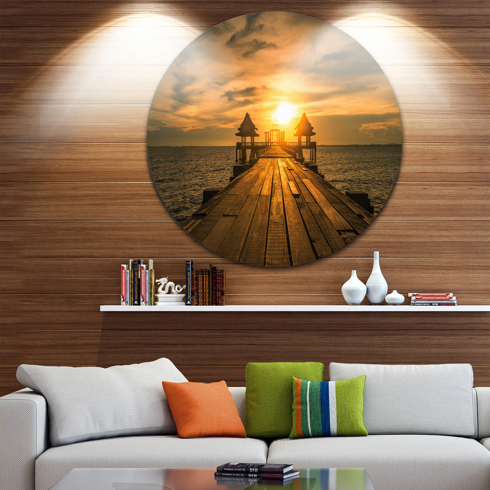 Huge Wooden Bridge To Illuminated Sky, Seascape Disc Metal Artwork, 36"