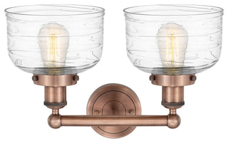 Edison Large Bell 2-Light 16" Vanity Light, Antique Copper, Clear Deco Swirl