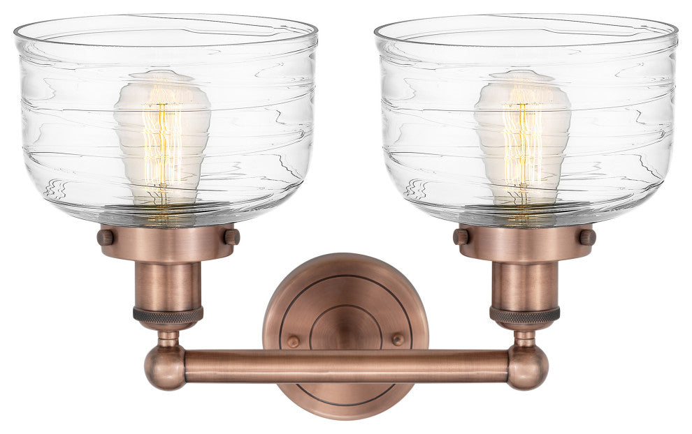 Edison Large Bell 2-Light 16" Vanity Light, Antique Copper, Clear Deco Swirl