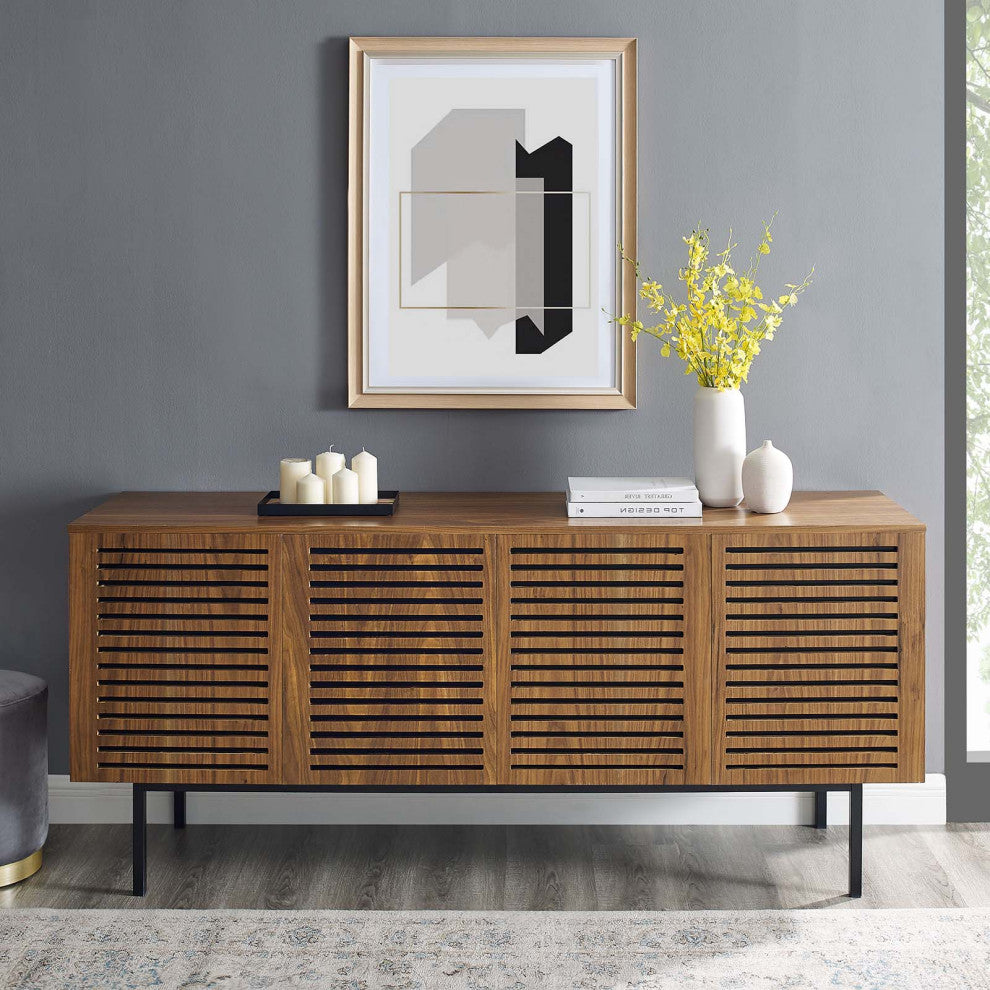 Media TV Stand Console Table, Rectangular, Wood, Metal, Brown Walnut, Modern