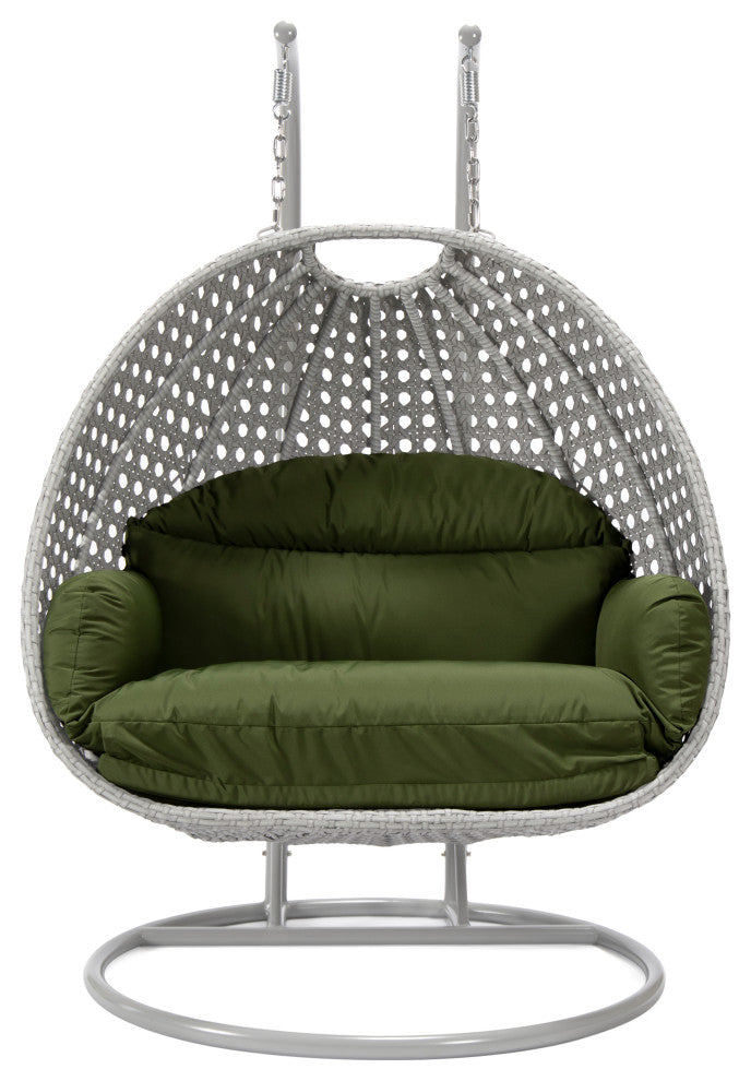 LeisureMod Mendoza Light Gray Wicker Hanging Double Egg Swing Chair, Dark Green