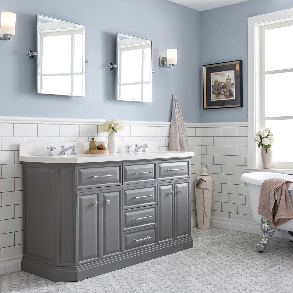 60" Palace Quartz Carrara Cashmere Gray Vanity With Hardware, Mirror