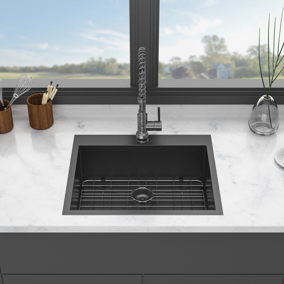 Black Stainless Steel Single Bowl Drop-In Kitchen Sink with Rinse Grid, Gunmetal Black, 25'' X 22''