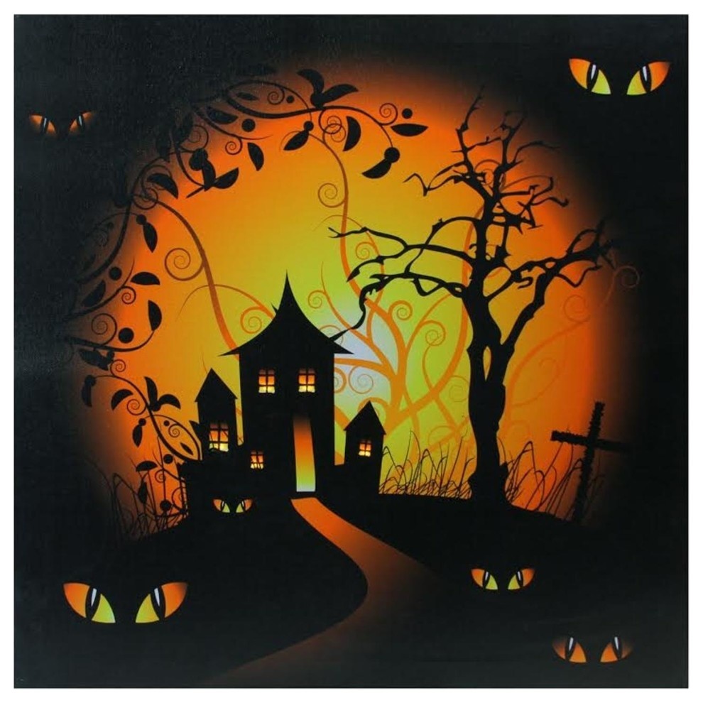 LED Lighted Spooky House and Eyes Halloween Canvas Wall Art 19.75"x19.75"