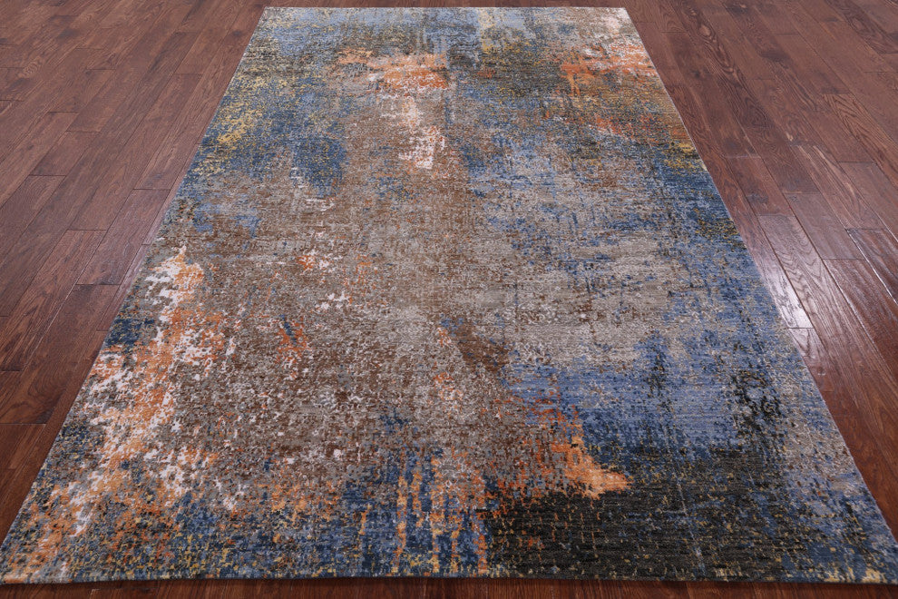 5' 11" X 9' 3" Wool and Silk Hand Knotted Abstract Rug Q8560