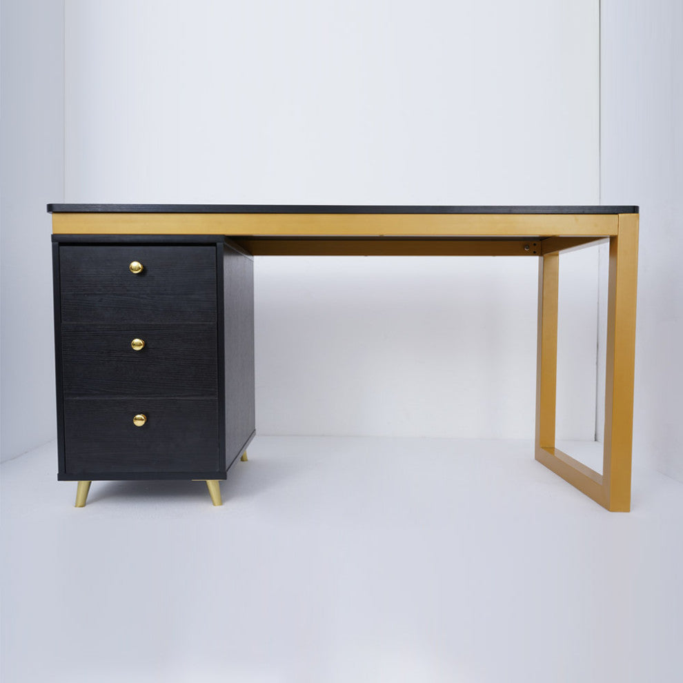 Modern 55" Black Wooden Home Office Writing Desk with Drawers in Gold