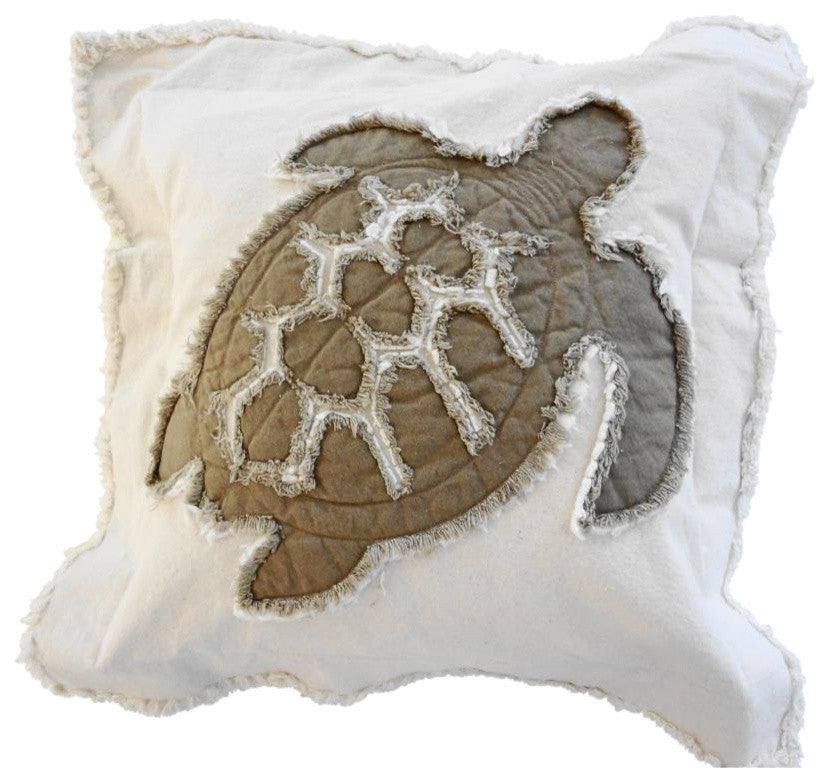Coastal Frayed Edge Euro Pillow, Khaki Sea Turtle Applique