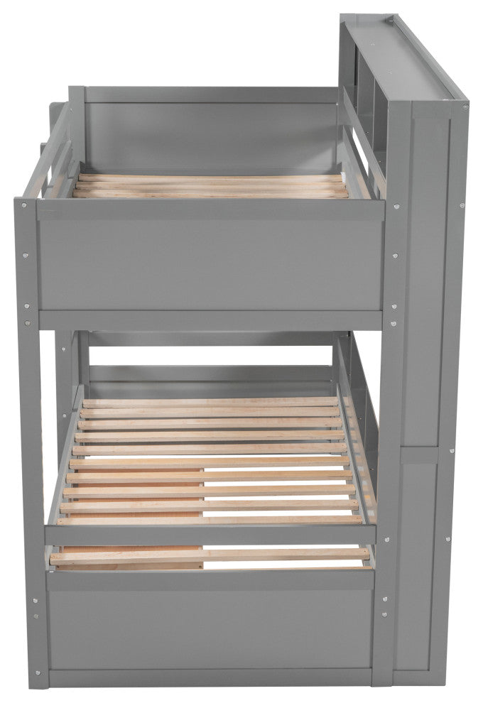 Gewnee Twin Size Bunk Bed with Shelves Beside both Upper and Down Bed in Gray