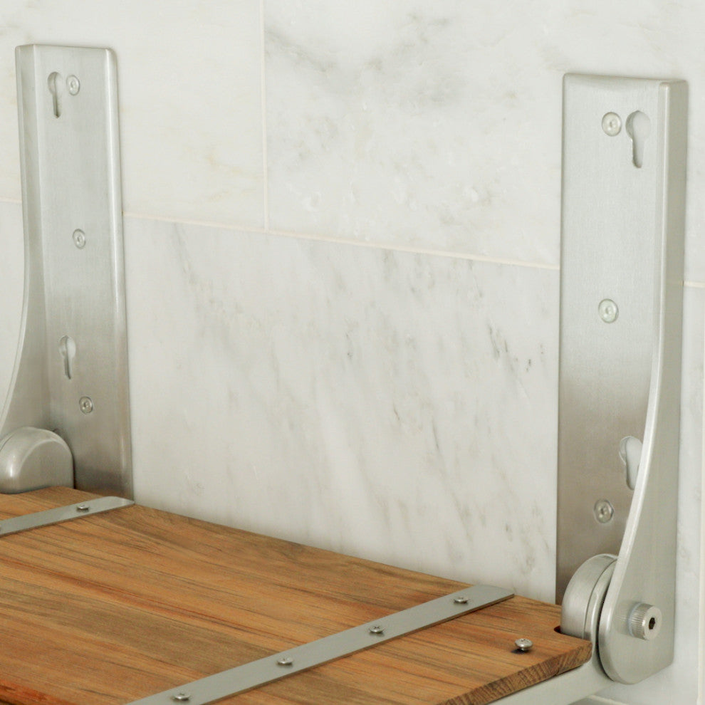 Silhouette Natural Teak Wood Folding Shower Bench Seat, Silver Frame