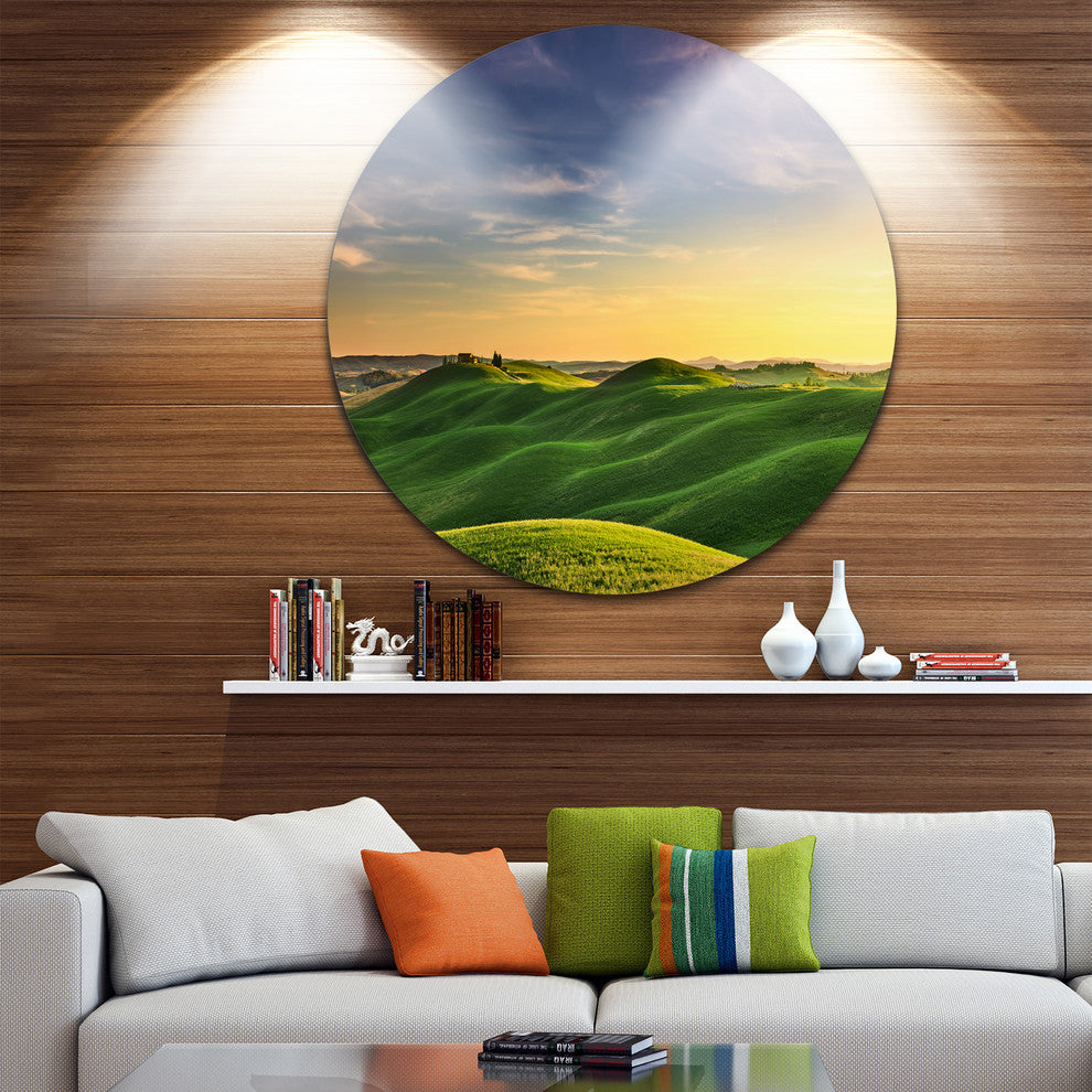 Green Rural Rolling Hills Tuscany, Landscape Disc Metal Artwork, 11"